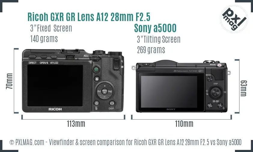 Ricoh GXR GR Lens A12 28mm F2.5 vs Sony a5000 Screen and Viewfinder comparison