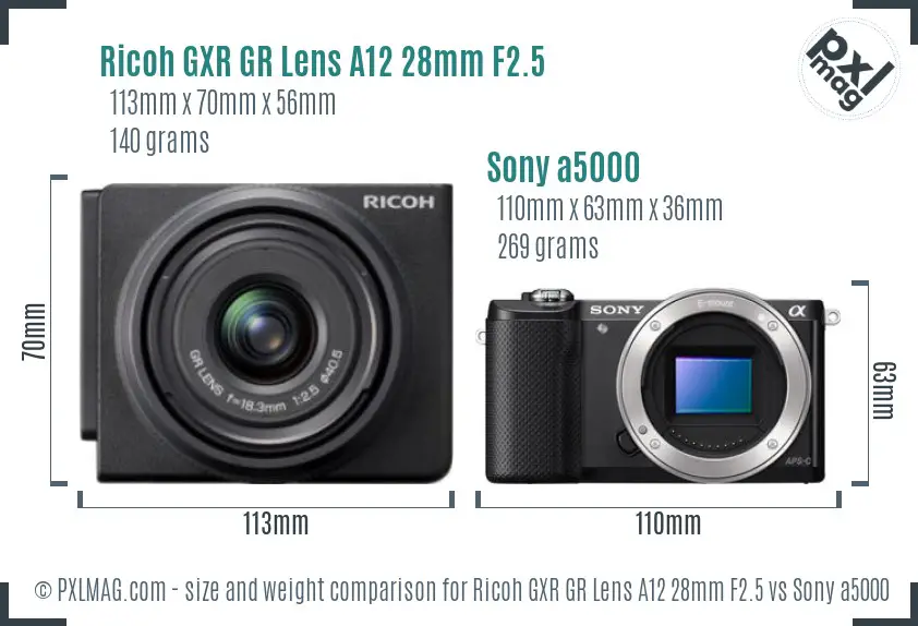 Ricoh GXR GR Lens A12 28mm F2.5 vs Sony a5000 size comparison