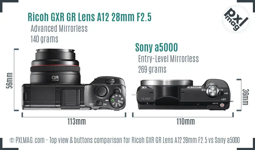 Ricoh GXR GR Lens A12 28mm F2.5 vs Sony a5000 top view buttons comparison