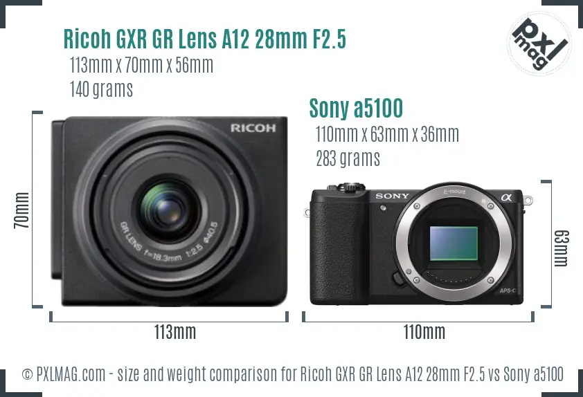 Ricoh GXR GR Lens A12 28mm F2.5 vs Sony a5100 size comparison