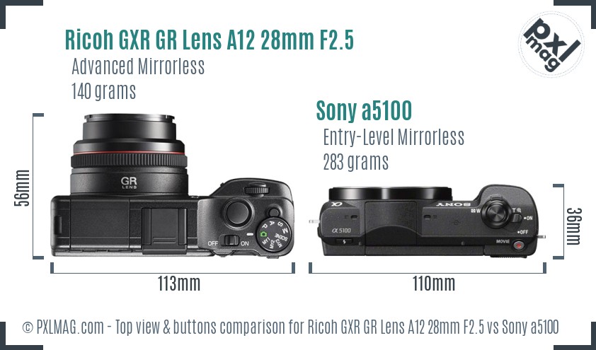 Ricoh GXR GR Lens A12 28mm F2.5 vs Sony a5100 top view buttons comparison