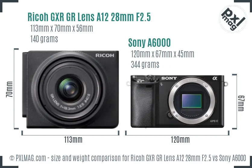 Ricoh GXR GR Lens A12 28mm F2.5 vs Sony A6000 size comparison
