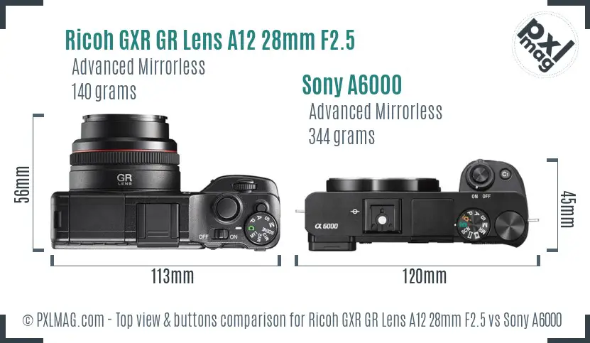Ricoh GXR GR Lens A12 28mm F2.5 vs Sony A6000 top view buttons comparison