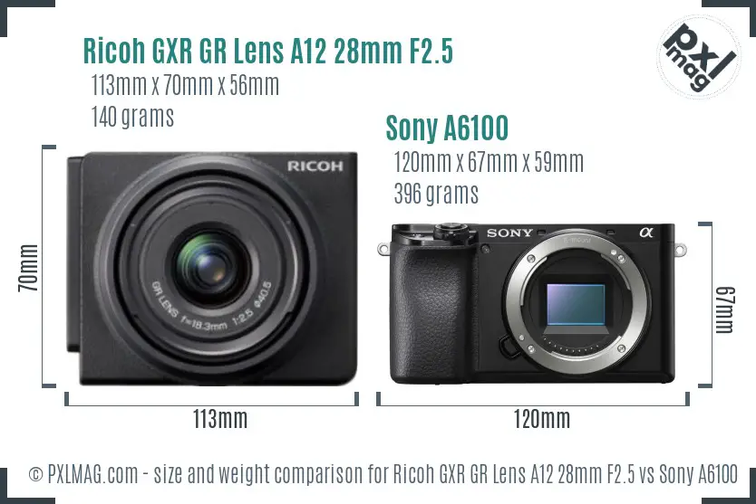 Ricoh GXR GR Lens A12 28mm F2.5 vs Sony A6100 size comparison