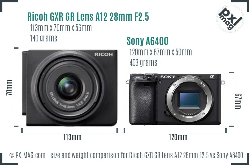 Ricoh GXR GR Lens A12 28mm F2.5 vs Sony A6400 size comparison
