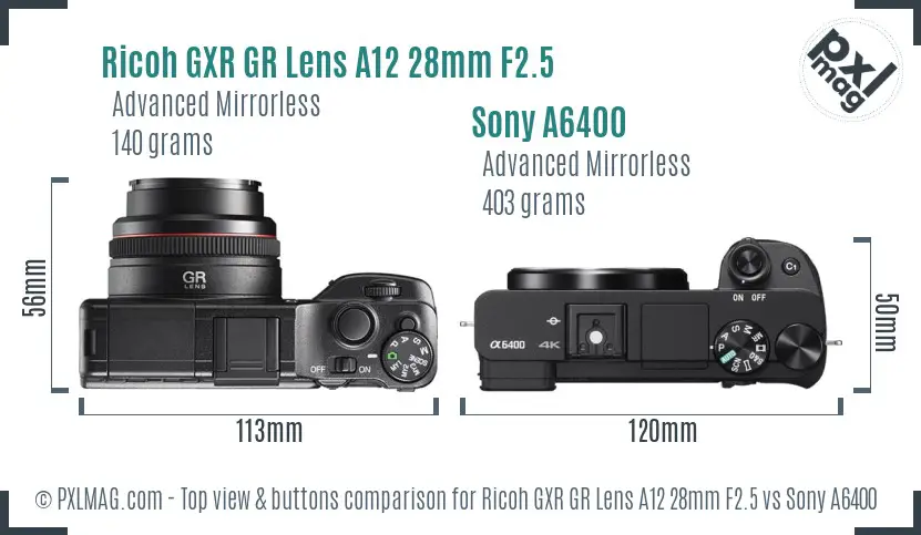 Ricoh GXR GR Lens A12 28mm F2.5 vs Sony A6400 top view buttons comparison