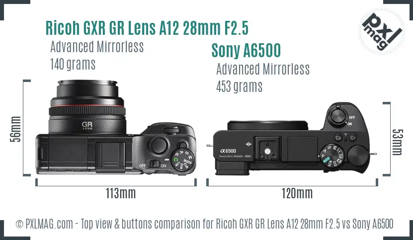 Ricoh GXR GR Lens A12 28mm F2.5 vs Sony A6500 top view buttons comparison Ricoh GXR GR Lens A12 28mm F2.5 vs Sony A6500 top view buttons comparison