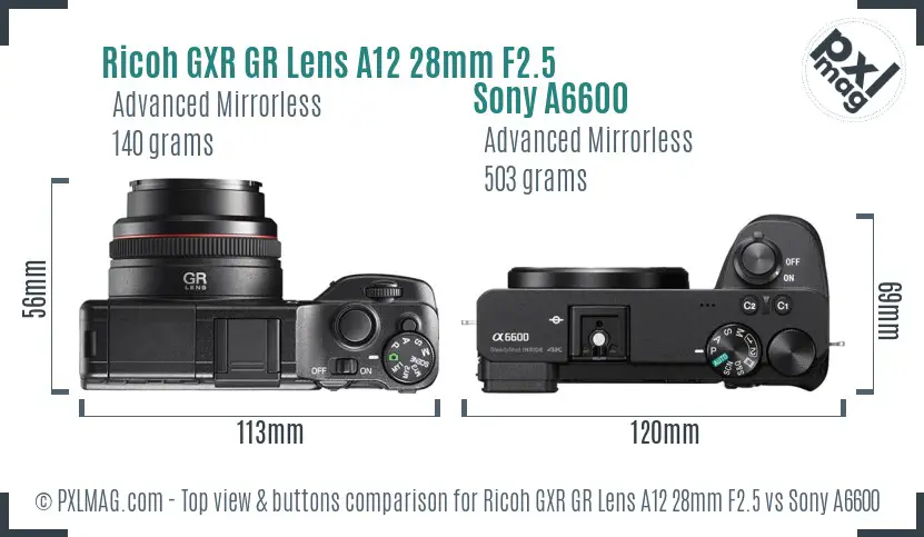 Ricoh GXR GR Lens A12 28mm F2.5 vs Sony A6600 top view buttons comparison