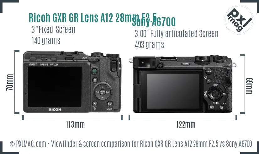Ricoh GXR GR Lens A12 28mm F2.5 vs Sony A6700 Screen and Viewfinder comparison