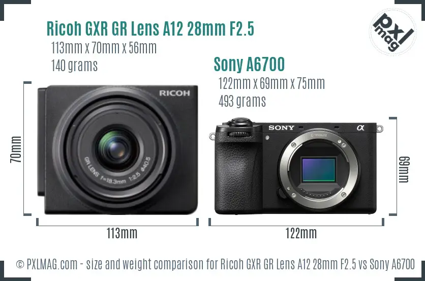 Ricoh GXR GR Lens A12 28mm F2.5 vs Sony A6700 size comparison