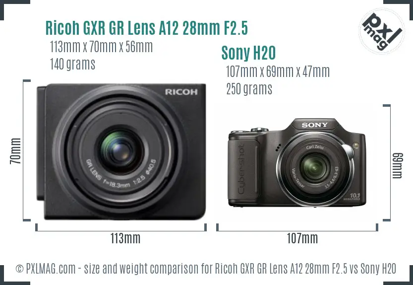 Ricoh GXR GR Lens A12 28mm F2.5 vs Sony H20 size comparison