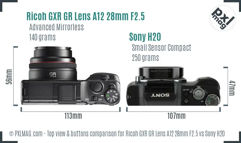 Ricoh GXR GR Lens A12 28mm F2.5 vs Sony H20 top view buttons comparison