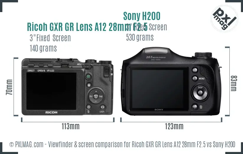 Ricoh GXR GR Lens A12 28mm F2.5 vs Sony H200 Screen and Viewfinder comparison