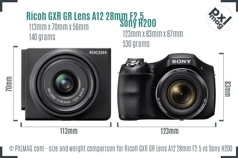 Ricoh GXR GR Lens A12 28mm F2.5 vs Sony H200 size comparison
