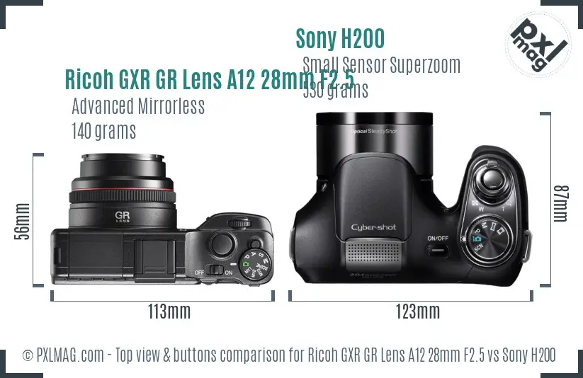 Ricoh GXR GR Lens A12 28mm F2.5 vs Sony H200 top view buttons comparison