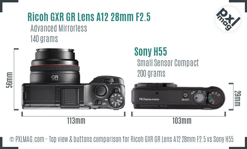 Ricoh GXR GR Lens A12 28mm F2.5 vs Sony H55 top view buttons comparison Ricoh GXR GR Lens A12 28mm F2.5 vs Sony H55 top view buttons comparison