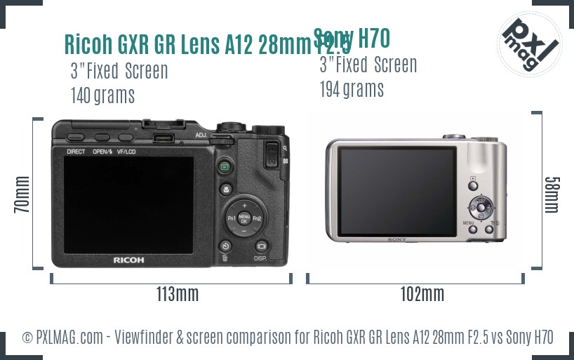 Ricoh GXR GR Lens A12 28mm F2.5 vs Sony H70 Screen and Viewfinder comparison