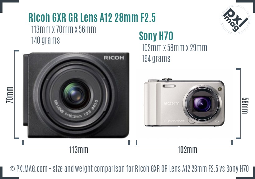 Ricoh GXR GR Lens A12 28mm F2.5 vs Sony H70 size comparison