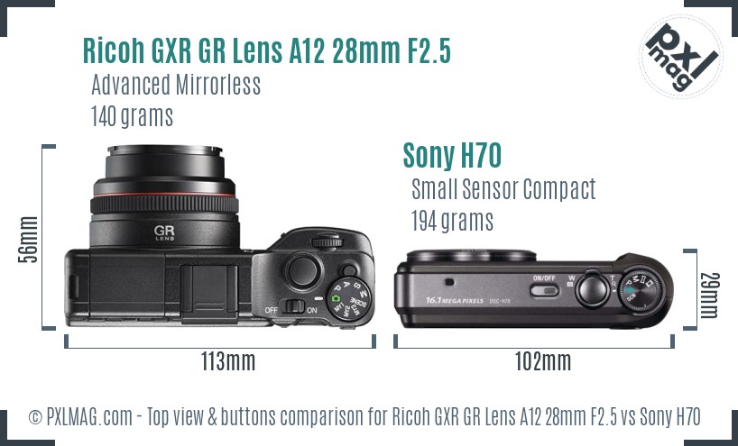 Ricoh GXR GR Lens A12 28mm F2.5 vs Sony H70 top view buttons comparison