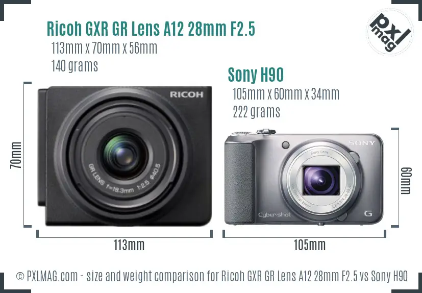 Ricoh GXR GR Lens A12 28mm F2.5 vs Sony H90 size comparison