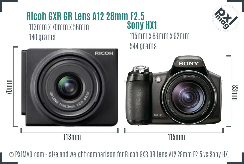 Ricoh GXR GR Lens A12 28mm F2.5 vs Sony HX1 size comparison