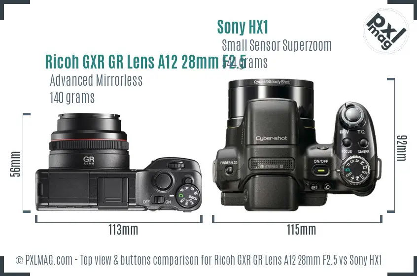 Ricoh GXR GR Lens A12 28mm F2.5 vs Sony HX1 top view buttons comparison