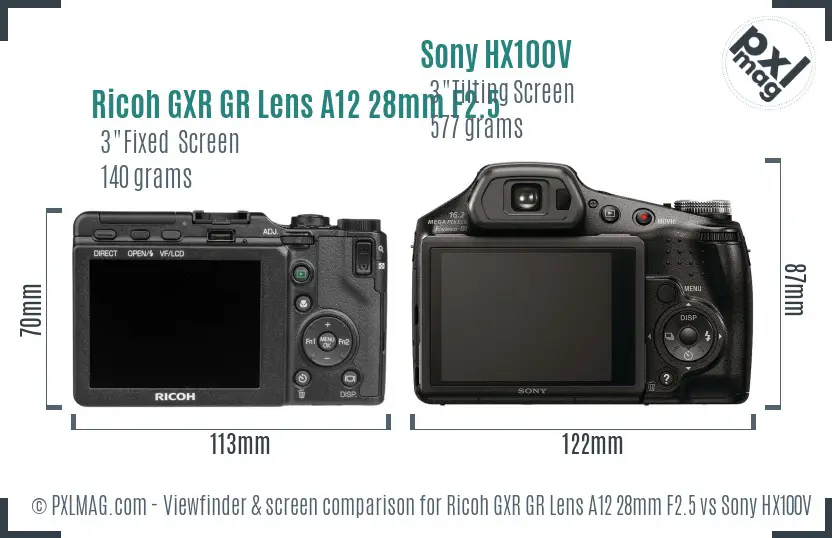 Ricoh GXR GR Lens A12 28mm F2.5 vs Sony HX100V Screen and Viewfinder comparison