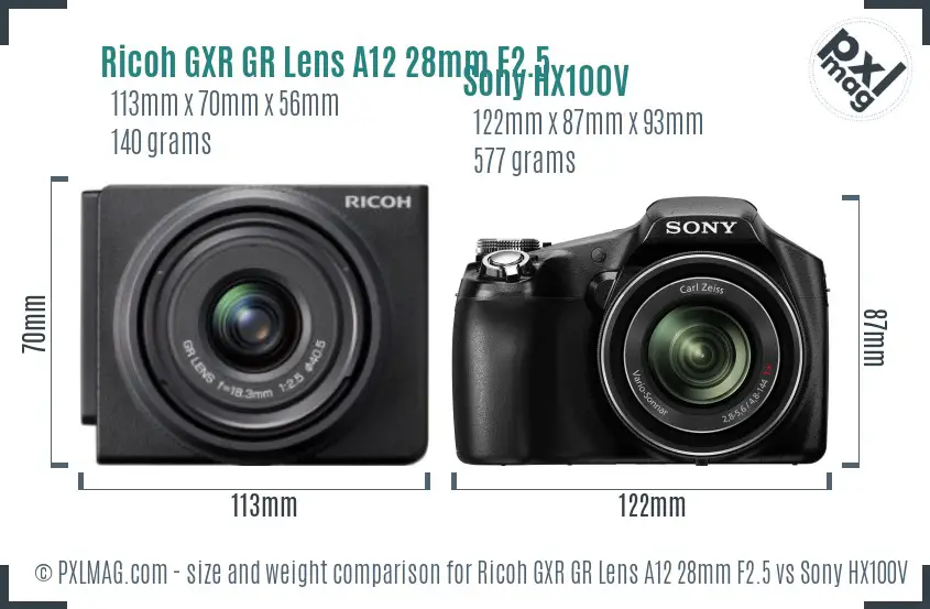 Ricoh GXR GR Lens A12 28mm F2.5 vs Sony HX100V size comparison