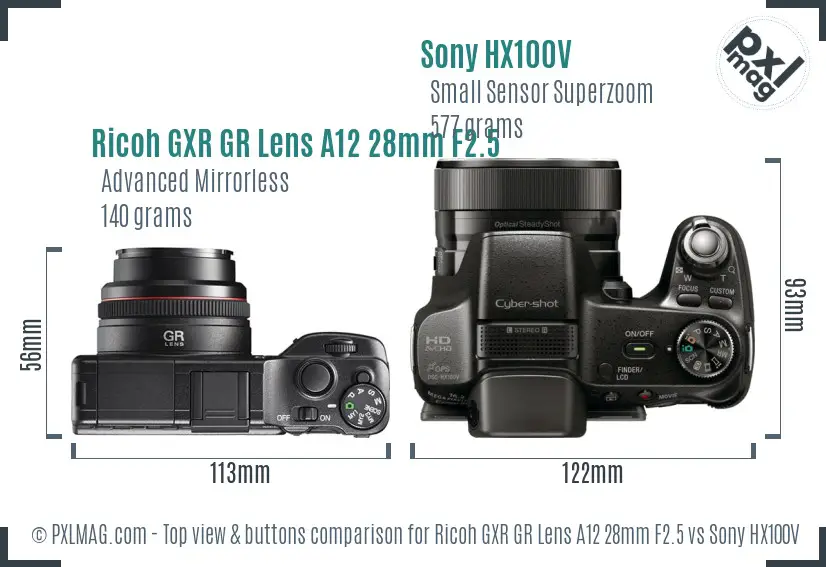 Ricoh GXR GR Lens A12 28mm F2.5 vs Sony HX100V top view buttons comparison