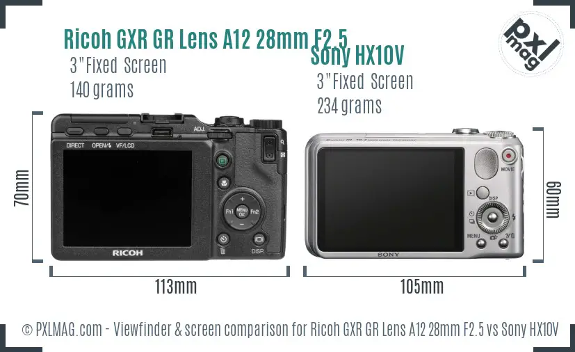 Ricoh GXR GR Lens A12 28mm F2.5 vs Sony HX10V Screen and Viewfinder comparison