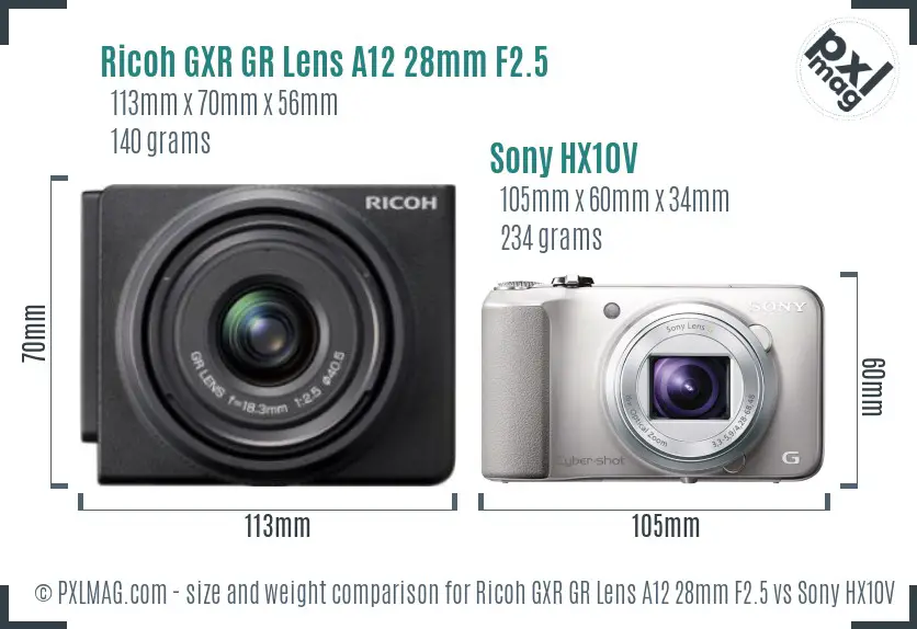 Ricoh GXR GR Lens A12 28mm F2.5 vs Sony HX10V size comparison