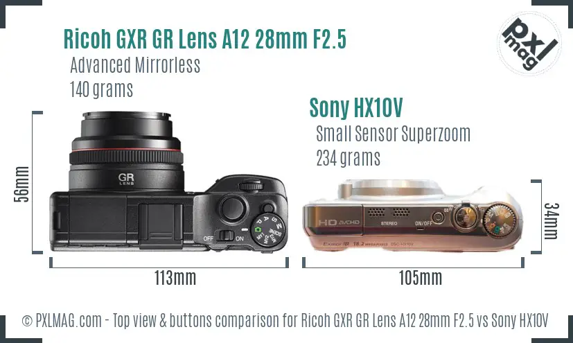 Ricoh GXR GR Lens A12 28mm F2.5 vs Sony HX10V top view buttons comparison