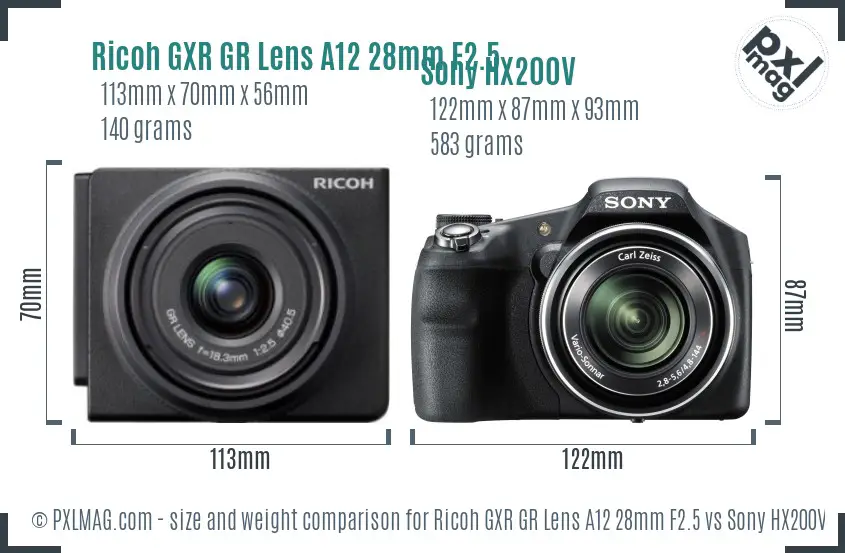 Ricoh GXR GR Lens A12 28mm F2.5 vs Sony HX200V size comparison