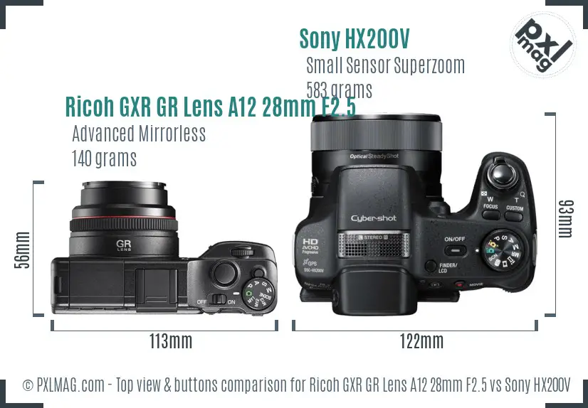 Ricoh GXR GR Lens A12 28mm F2.5 vs Sony HX200V top view buttons comparison