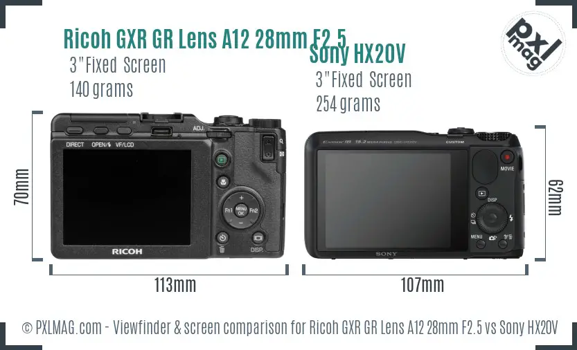 Ricoh GXR GR Lens A12 28mm F2.5 vs Sony HX20V Screen and Viewfinder comparison Ricoh GXR GR Lens A12 28mm F2.5 vs Sony HX20V Screen and Viewfinder comparison