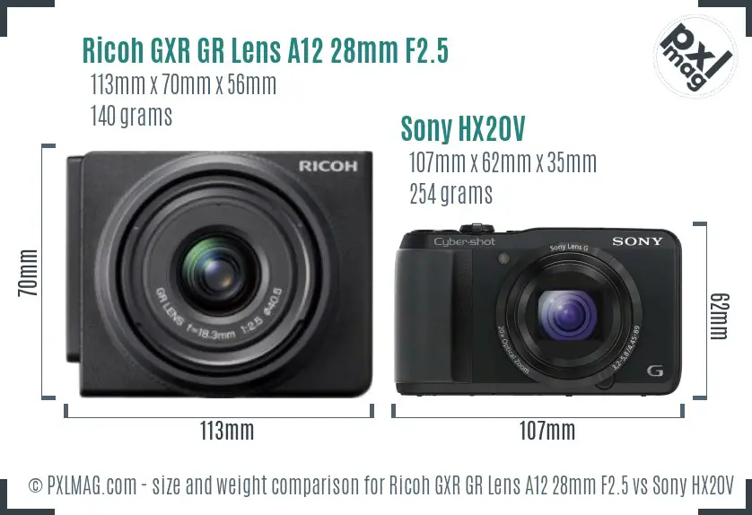 Ricoh GXR GR Lens A12 28mm F2.5 vs Sony HX20V size comparison Ricoh GXR GR Lens A12 28mm F2.5 vs Sony HX20V size comparison