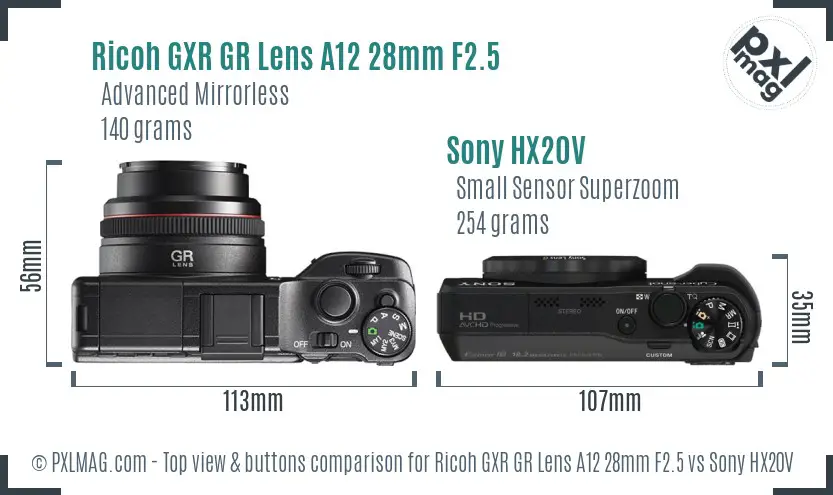 Ricoh GXR GR Lens A12 28mm F2.5 vs Sony HX20V top view buttons comparison Ricoh GXR GR Lens A12 28mm F2.5 vs Sony HX20V top view buttons comparison