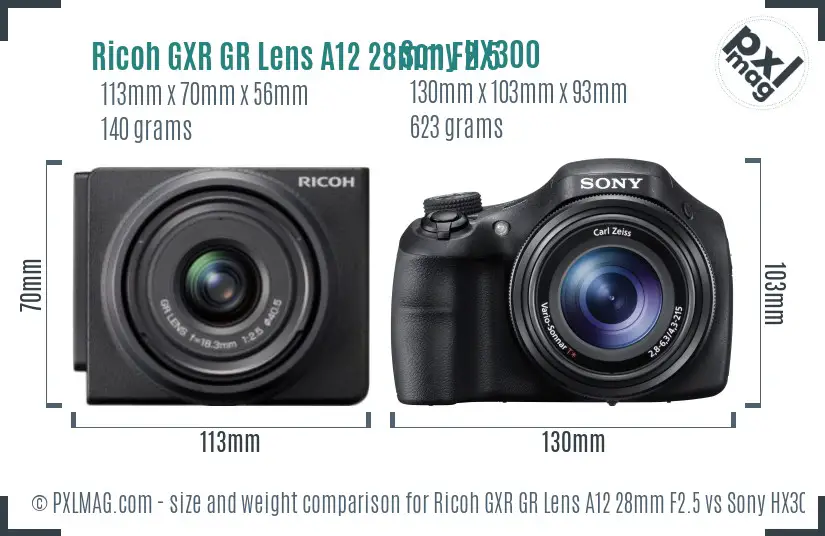 Ricoh GXR GR Lens A12 28mm F2.5 vs Sony HX300 size comparison