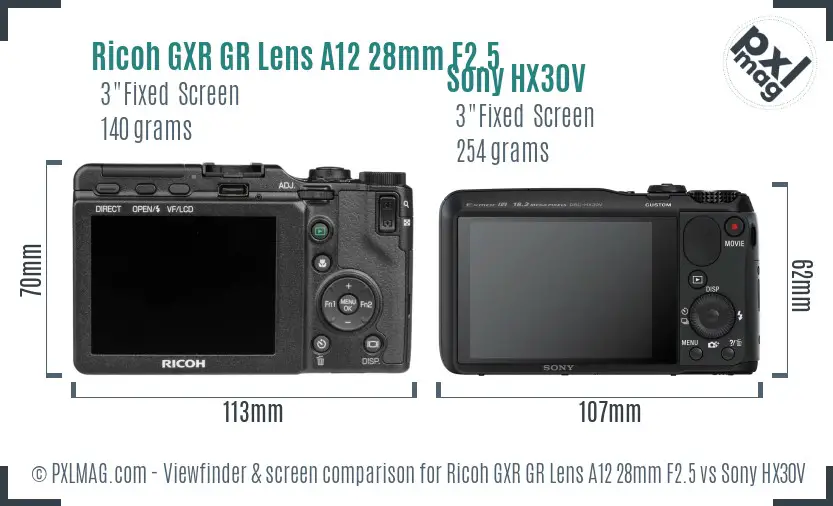 Ricoh GXR GR Lens A12 28mm F2.5 vs Sony HX30V Screen and Viewfinder comparison