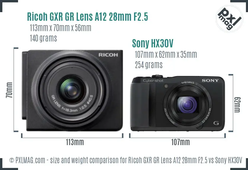 Ricoh GXR GR Lens A12 28mm F2.5 vs Sony HX30V size comparison