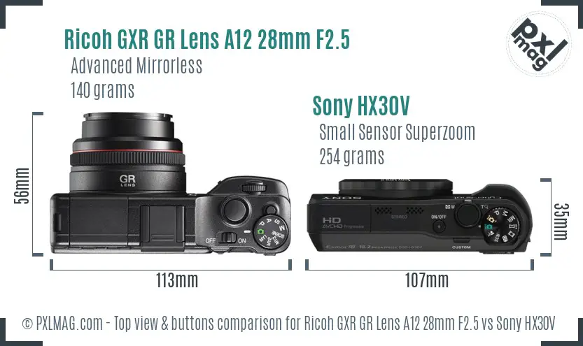 Ricoh GXR GR Lens A12 28mm F2.5 vs Sony HX30V top view buttons comparison