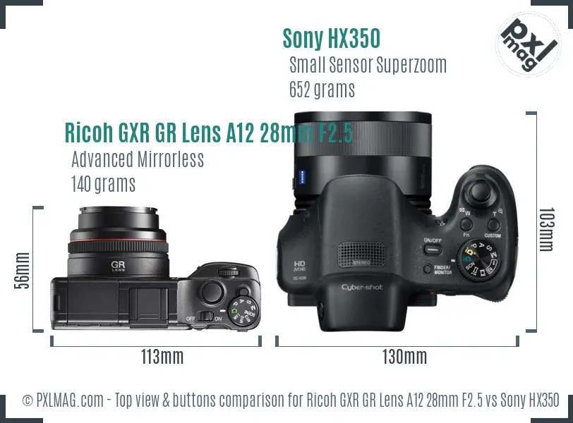 Ricoh GXR GR Lens A12 28mm F2.5 vs Sony HX350 top view buttons comparison Ricoh GXR GR Lens A12 28mm F2.5 vs Sony HX350 top view buttons comparison