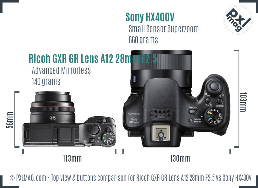 Ricoh GXR GR Lens A12 28mm F2.5 vs Sony HX400V top view buttons comparison