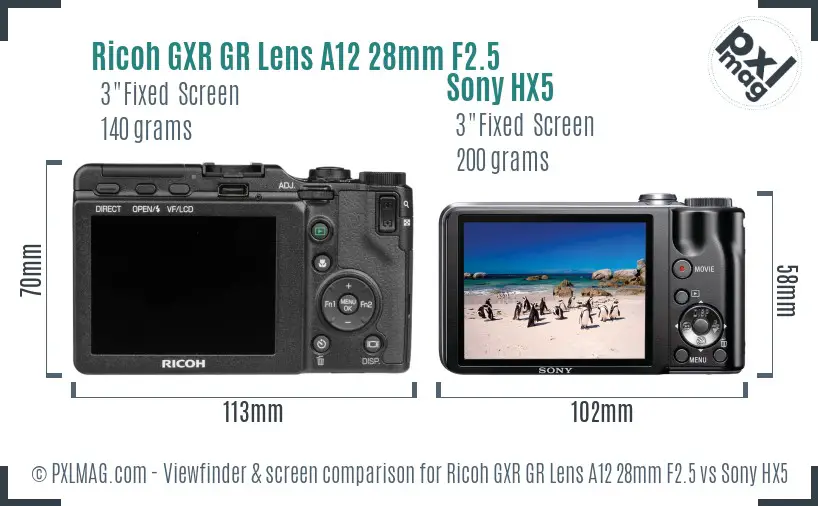 Ricoh GXR GR Lens A12 28mm F2.5 vs Sony HX5 Screen and Viewfinder comparison