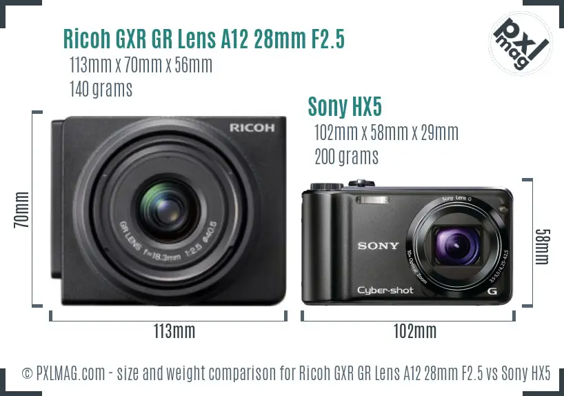 Ricoh GXR GR Lens A12 28mm F2.5 vs Sony HX5 size comparison