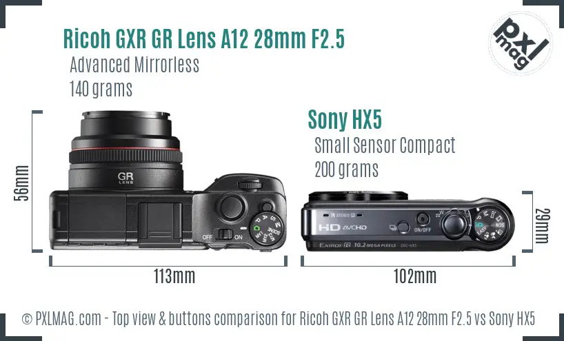 Ricoh GXR GR Lens A12 28mm F2.5 vs Sony HX5 top view buttons comparison