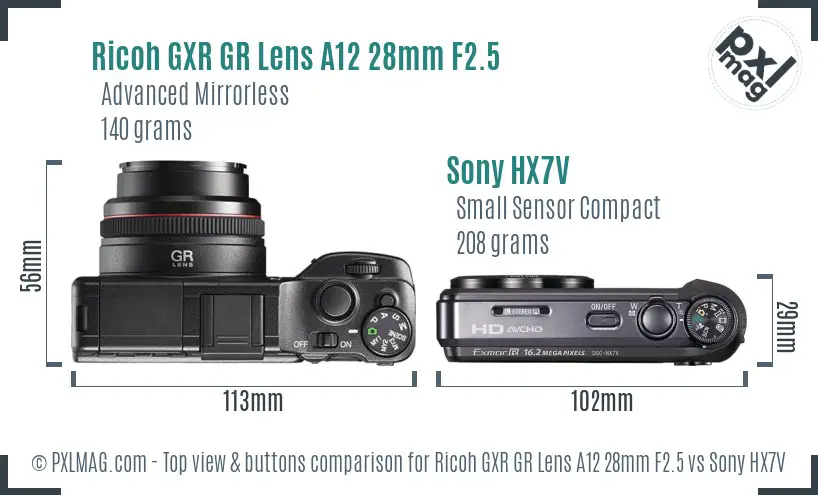 Ricoh GXR GR Lens A12 28mm F2.5 vs Sony HX7V top view buttons comparison Ricoh GXR GR Lens A12 28mm F2.5 vs Sony HX7V top view buttons comparison
