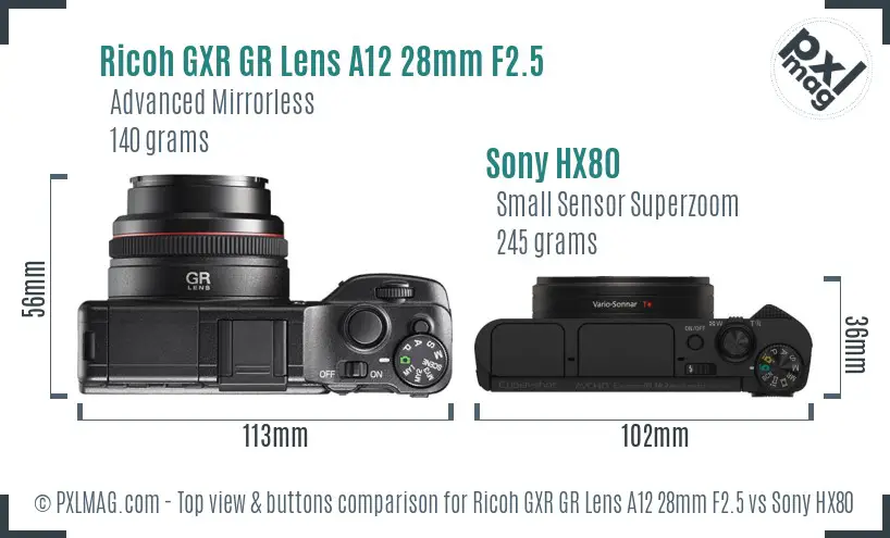 Ricoh GXR GR Lens A12 28mm F2.5 vs Sony HX80 top view buttons comparison