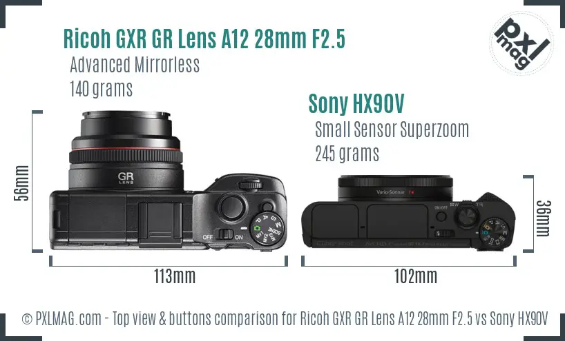 Ricoh GXR GR Lens A12 28mm F2.5 vs Sony HX90V top view buttons comparison