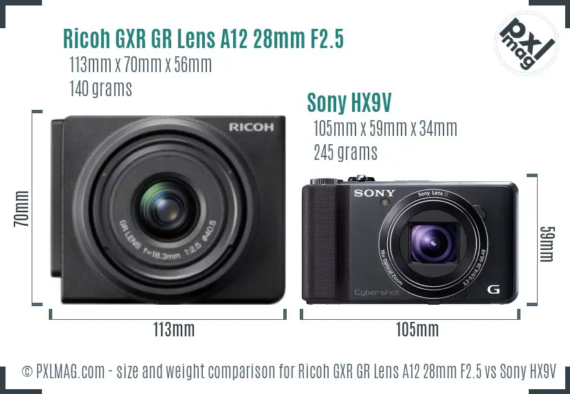 Ricoh GXR GR Lens A12 28mm F2.5 vs Sony HX9V size comparison